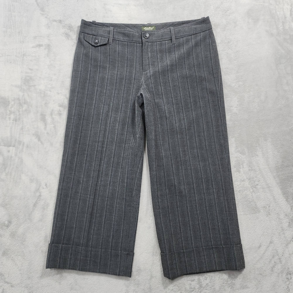 Eddie Bauer Pants Womens 8P PETITE Gray Striped Capri Crop Vashon Fit Office